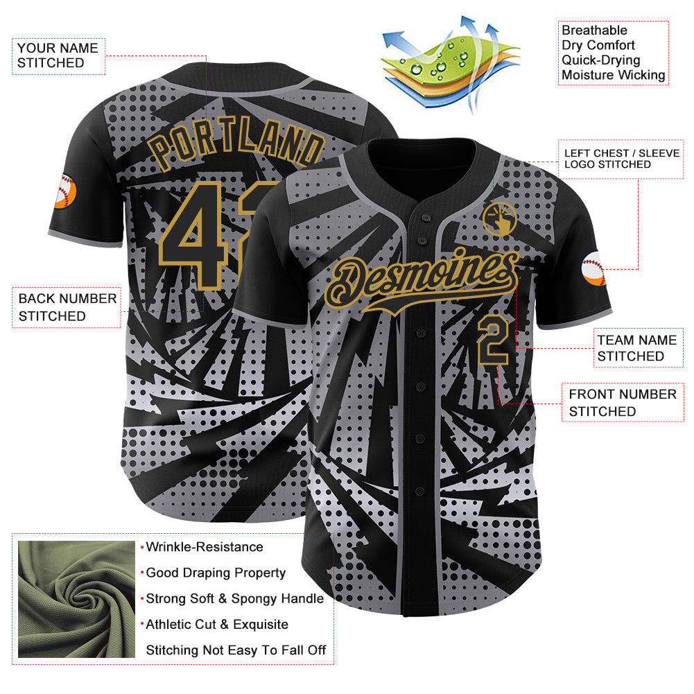 Custom Black Old Gold-Gray Lightning Gradient Dot Authentic Baseball Jersey