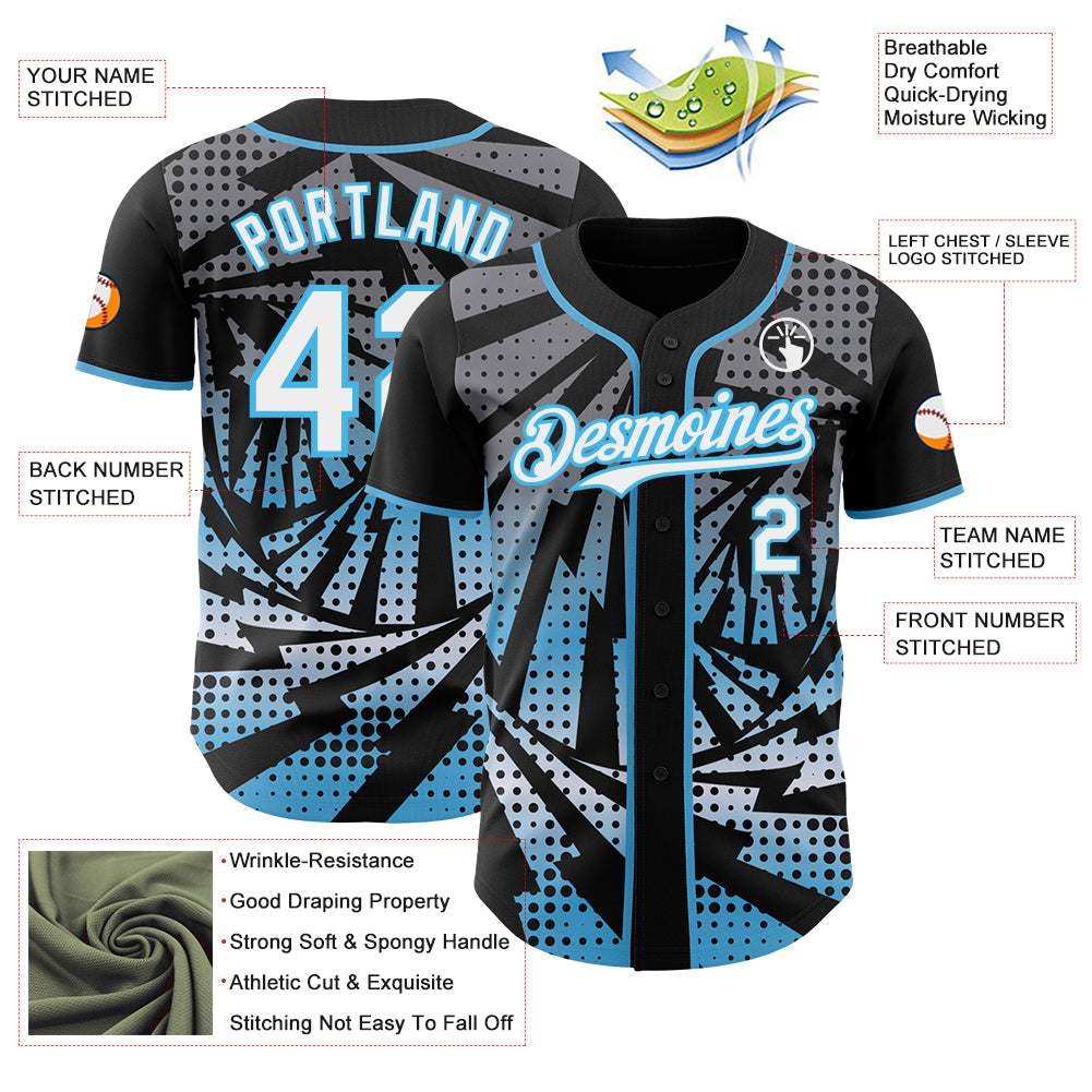 Custom Black White-Sky Blue Lightning Gradient Dot Authentic Baseball Jersey