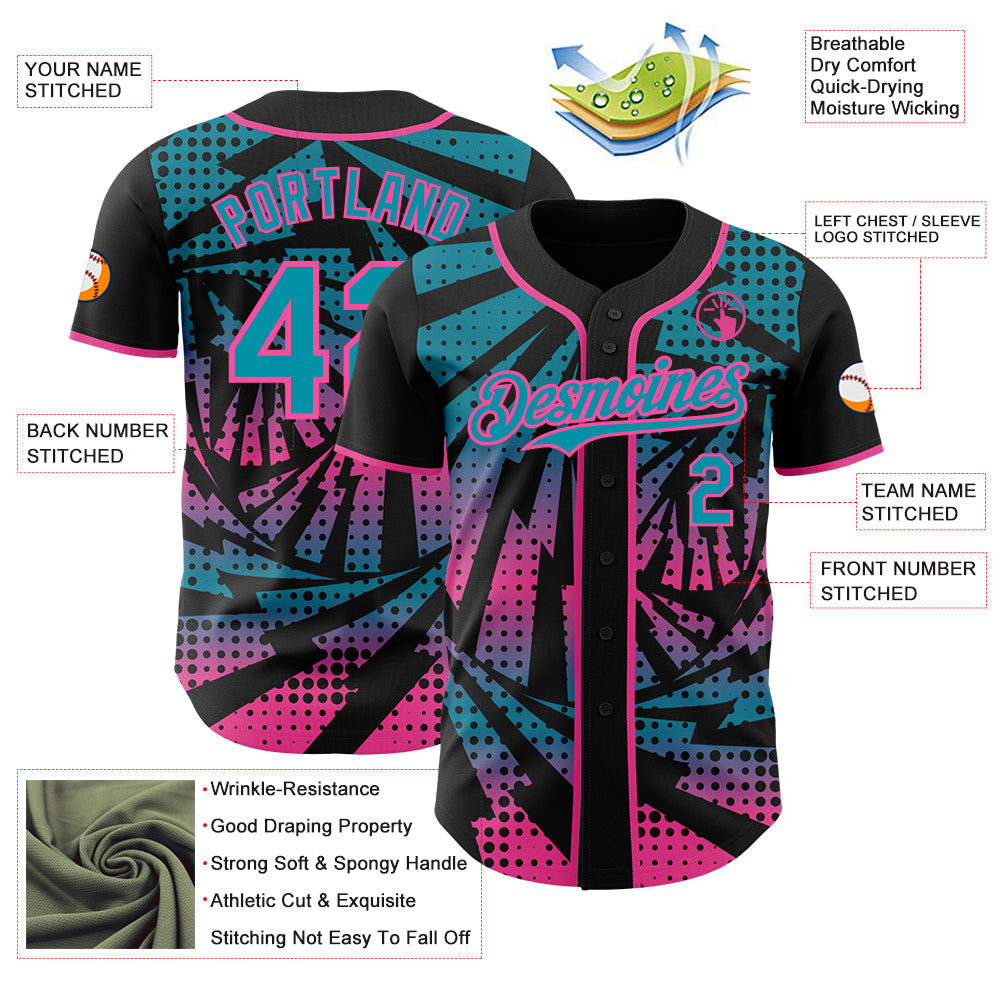 Custom Black Teal-Pink Lightning Gradient Dot Authentic Baseball Jersey