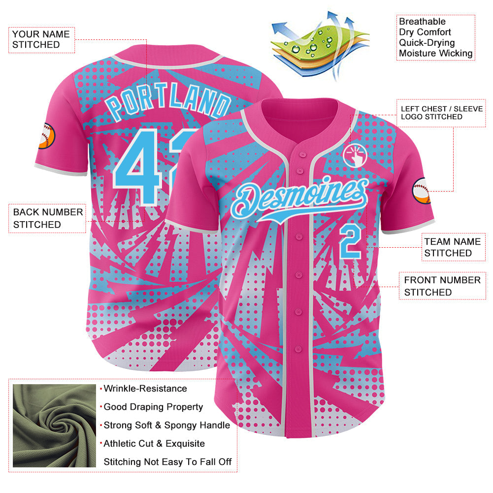 Custom Pink Sky Blue-White Lightning Gradient Dot Authentic Baseball Jersey