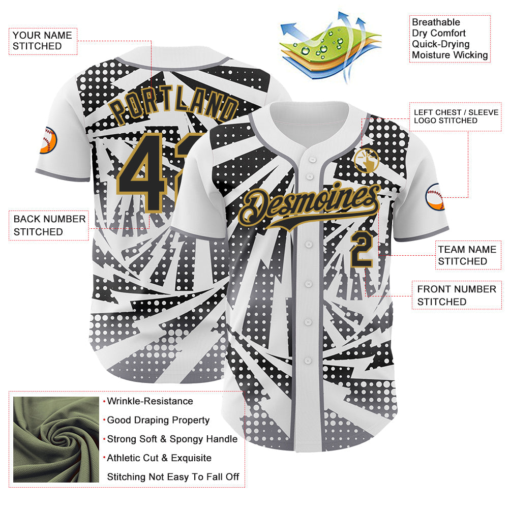 Custom White Black Old Gold-Gray Lightning Gradient Dot Authentic Baseball Jersey