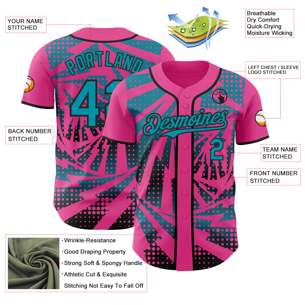 Custom Pink Teal-Black Lightning Gradient Dot Authentic Baseball Jersey