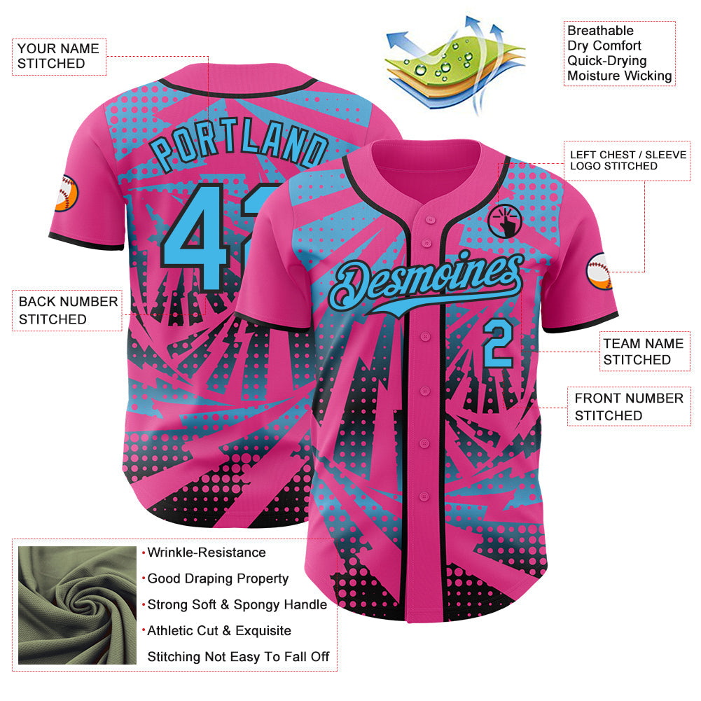 Custom Pink Sky Blue-Black Lightning Gradient Dot Authentic Baseball Jersey