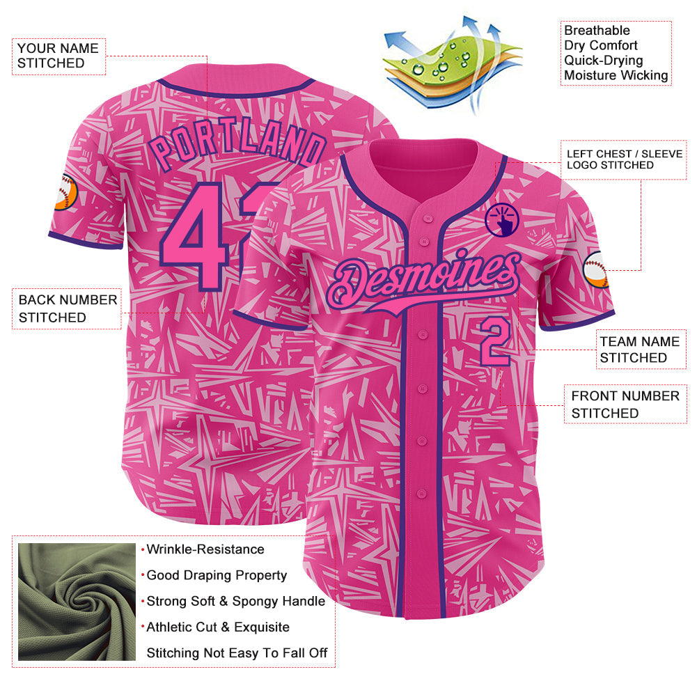 Custom Pink Light Pink-Purple Geometric Cyber Starburst Authentic Baseball Jersey