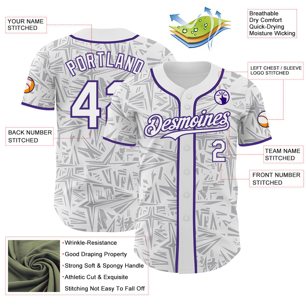 Custom White Gray-Purple Geometric Cyber Starburst Authentic Baseball Jersey