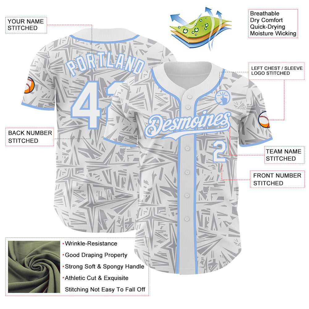 Custom White Gray-Light Blue Geometric Cyber Starburst Authentic Baseball Jersey