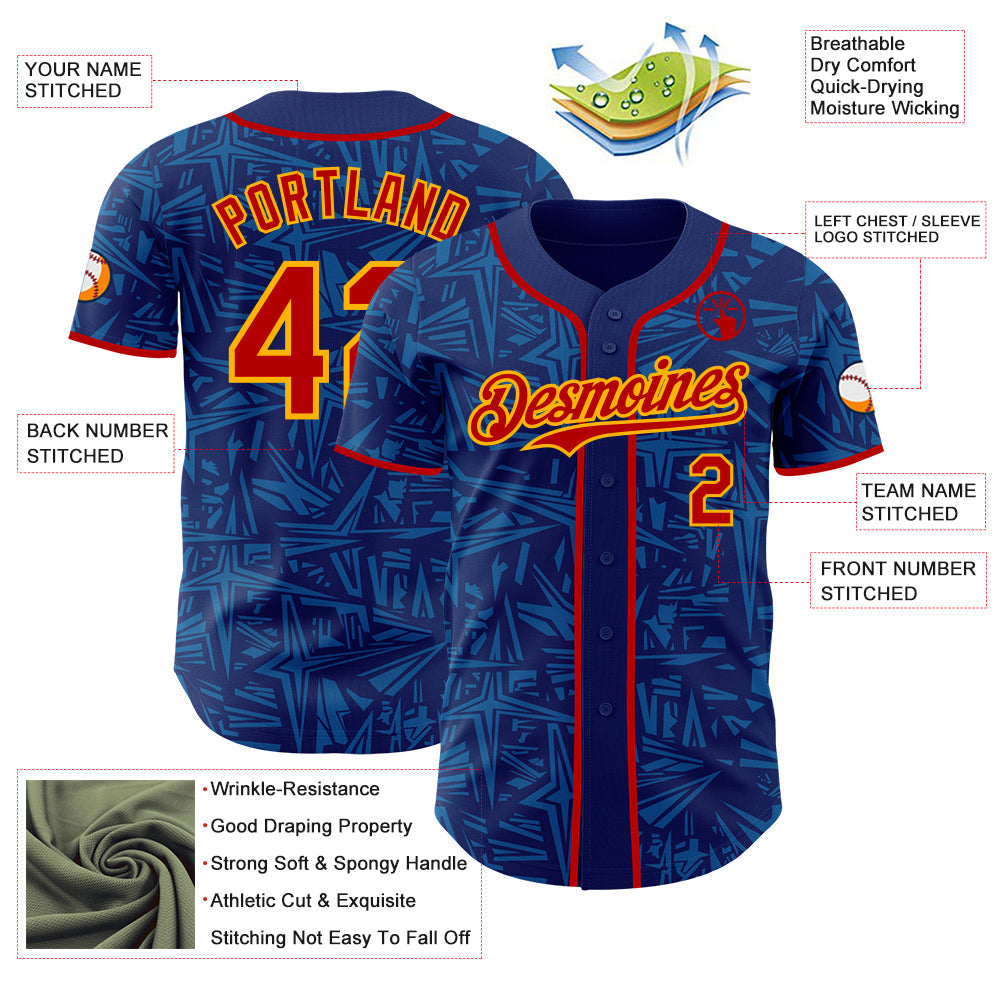 Custom Royal Red Blue-Gold Geometric Cyber Starburst Authentic Baseball Jersey