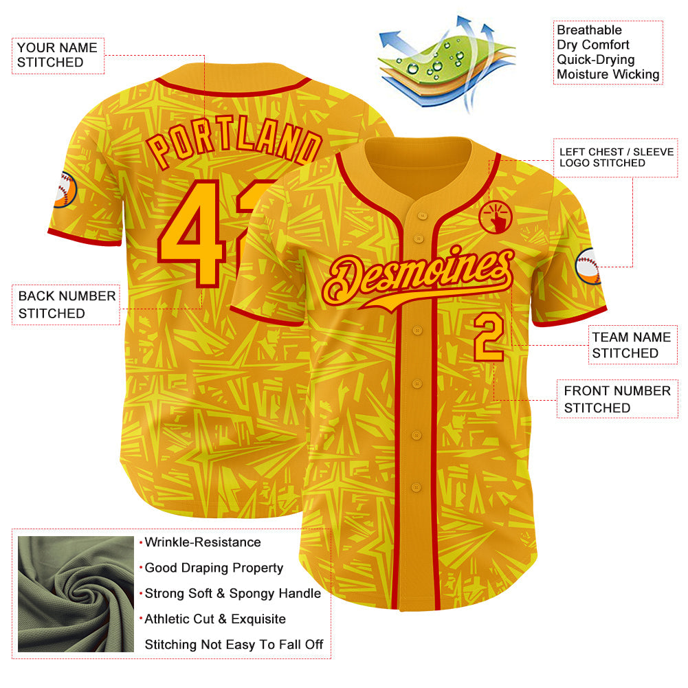 Custom Gold Light Yellow-Red Geometric Cyber Starburst Authentic Baseball Jersey