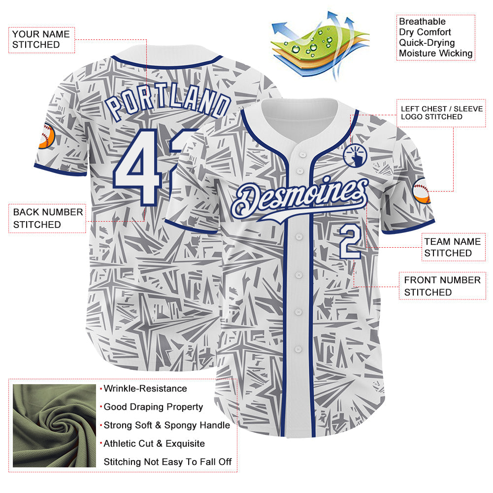 Custom White Gray-Royal Geometric Cyber Starburst Authentic Baseball Jersey