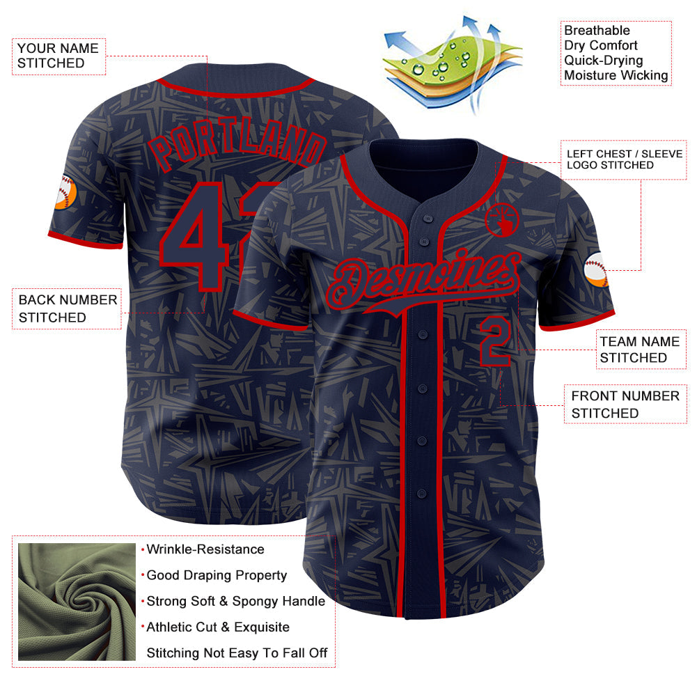 Custom Navy Steel Gray-Red Geometric Cyber Starburst Authentic Baseball Jersey