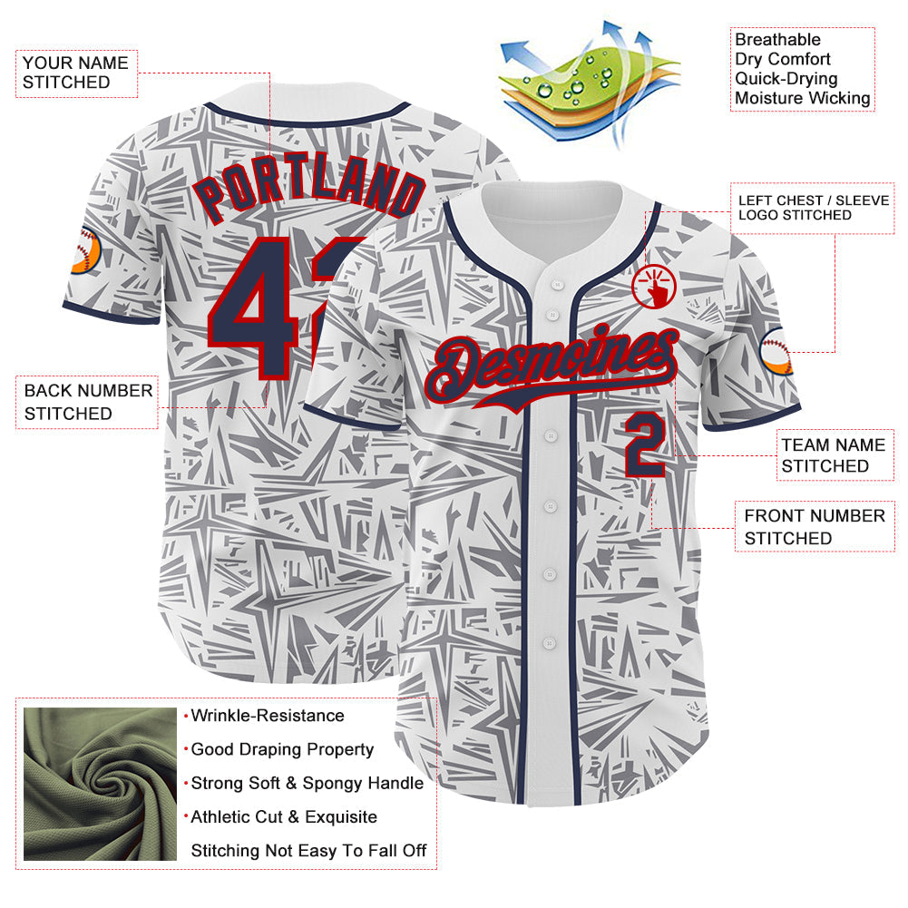 Custom White Navy Gray-Red Geometric Cyber Starburst Authentic Baseball Jersey
