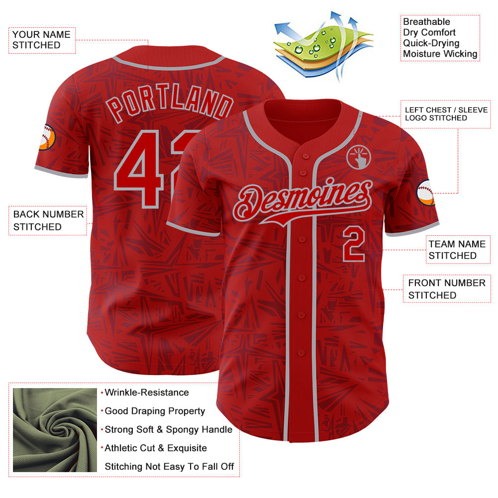 Custom Red-Gray Geometric Cyber Starburst Authentic Baseball Jersey