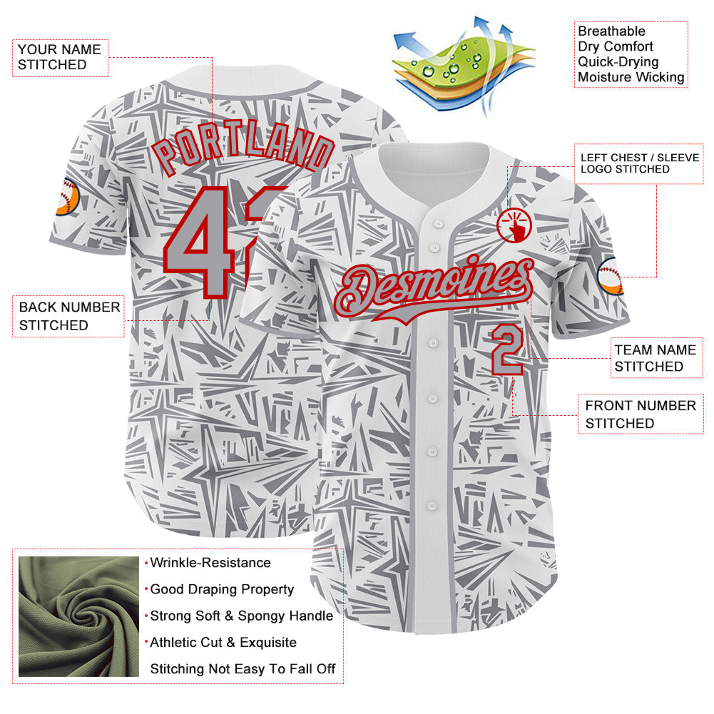 Custom White Gray-Red Geometric Cyber Starburst Authentic Baseball Jersey