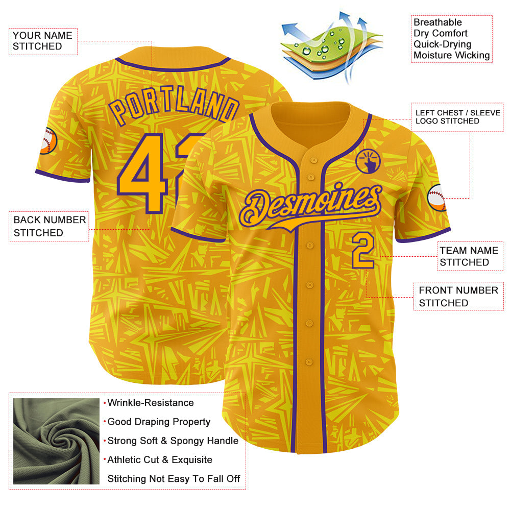 Custom Gold Light Yellow-Purple Geometric Cyber Starburst Authentic Baseball Jersey