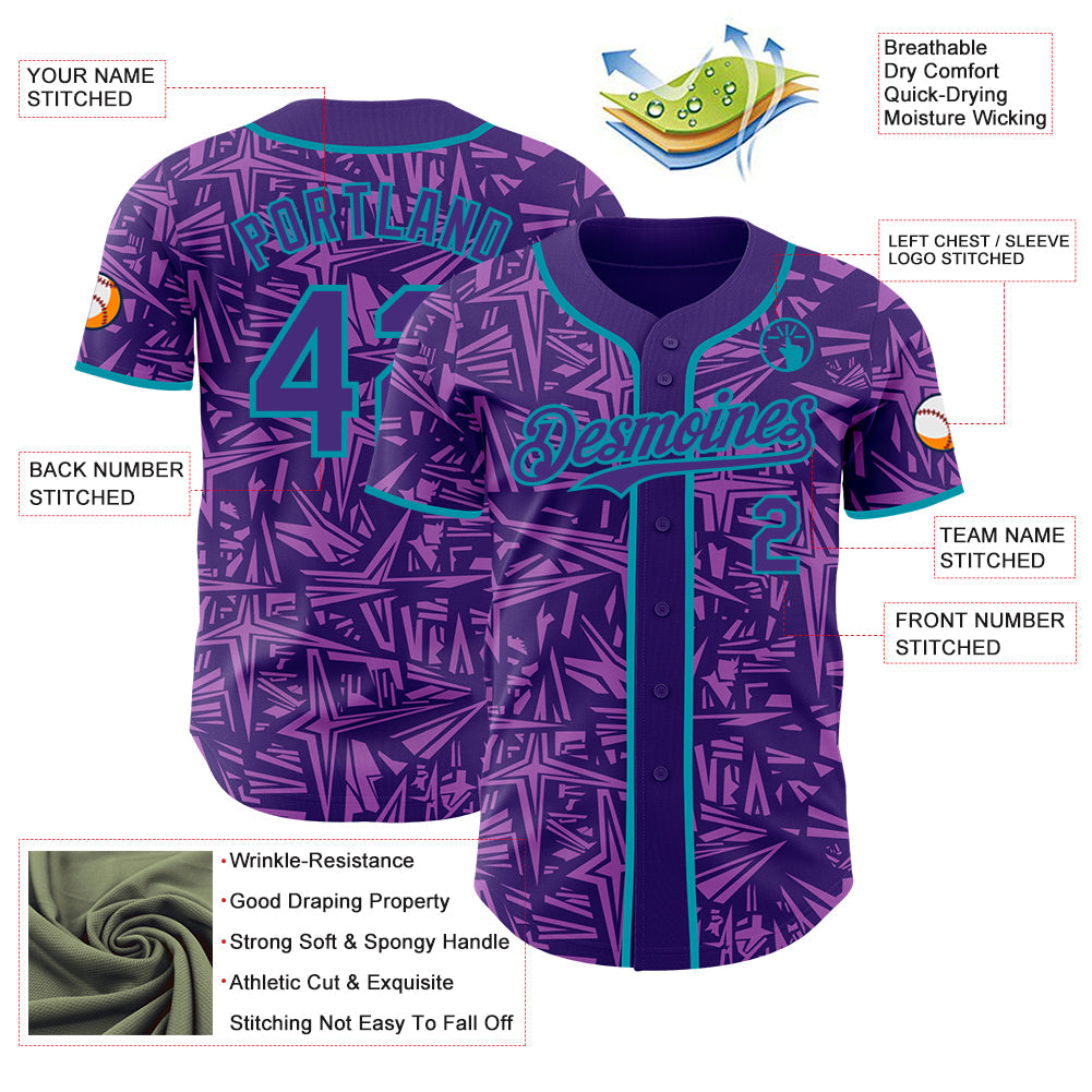 Custom Purple Medium Purple-Teal Geometric Cyber Starburst Authentic Baseball Jersey