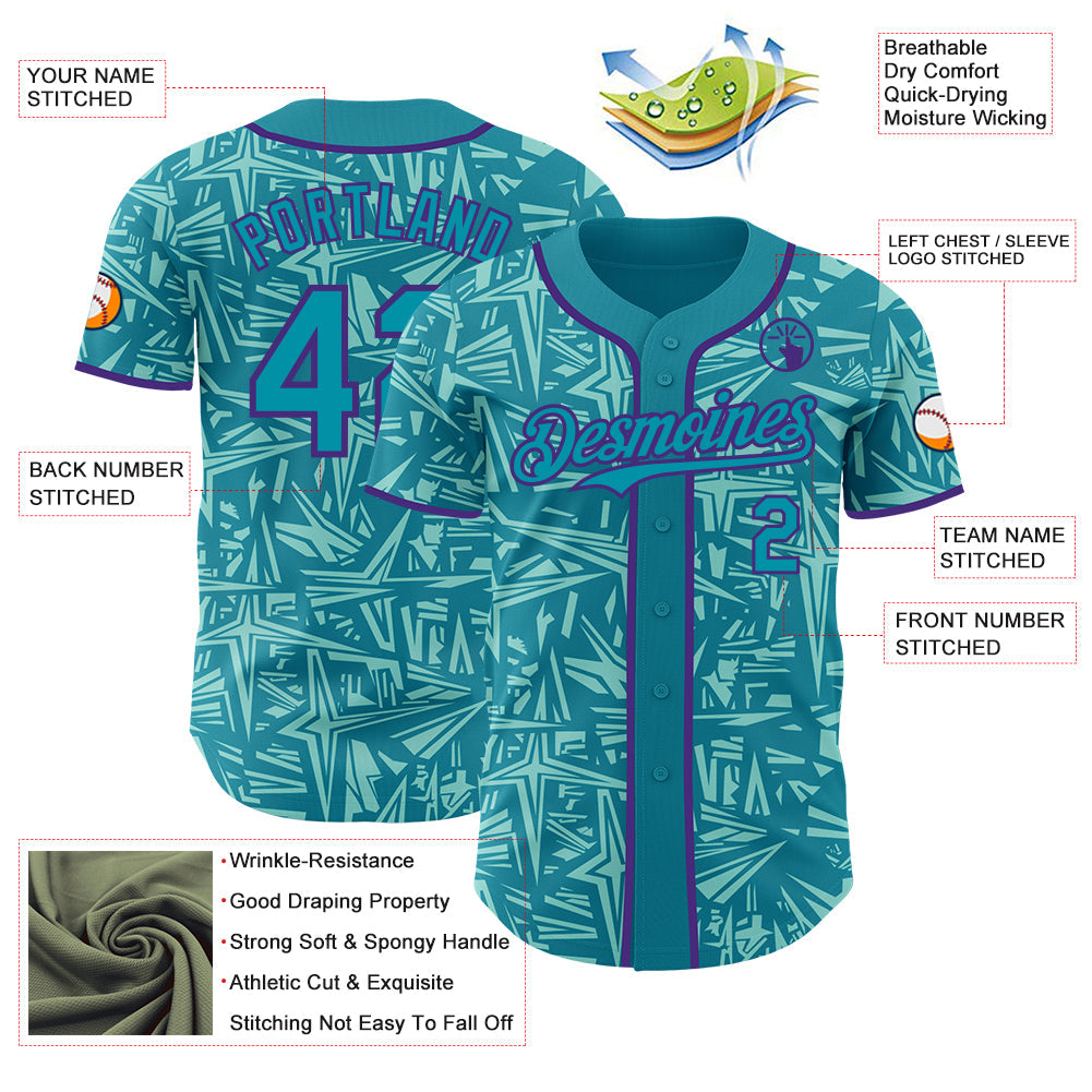 Custom Teal Ice Blue-Purple Geometric Cyber Starburst Authentic Baseball Jersey