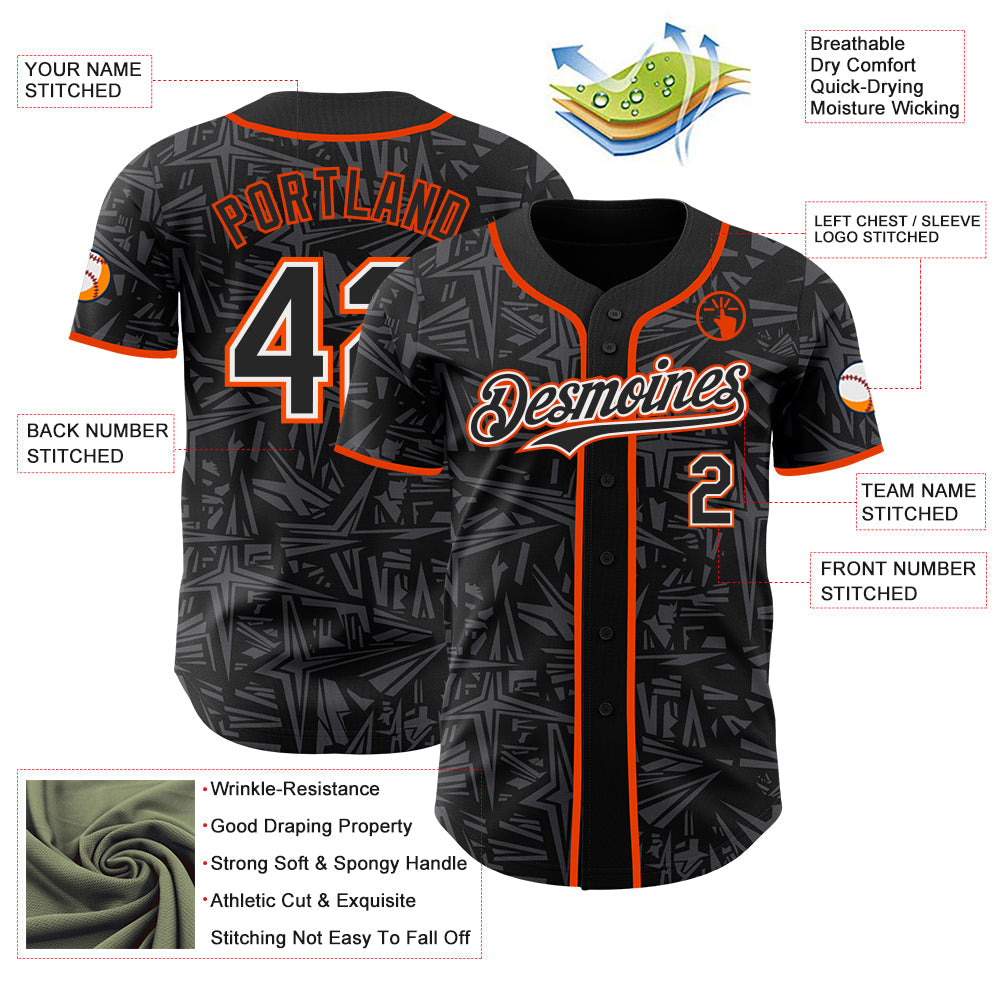 Custom Black Steel Gray White-Orange Geometric Cyber Starburst Authentic Baseball Jersey
