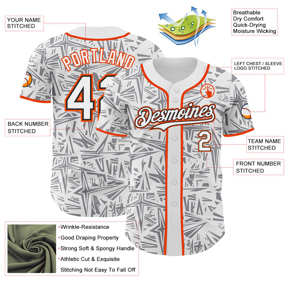 Custom White Gray Black-Orange Geometric Cyber Starburst Authentic Baseball Jersey