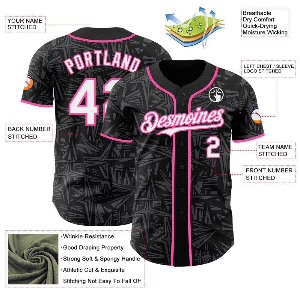 Custom Black White Steel Gray-Pink Geometric Cyber Starburst Authentic Baseball Jersey