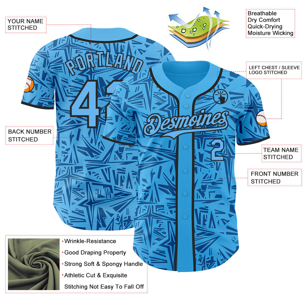 Custom Sky Blue Blue-Black Geometric Cyber Starburst Authentic Baseball Jersey
