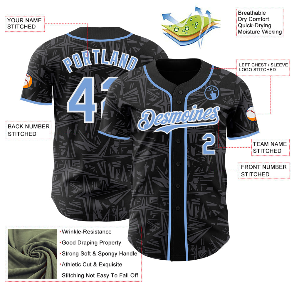 Custom Black Light Blue Steel Gray-White Geometric Cyber Starburst Authentic Baseball Jersey