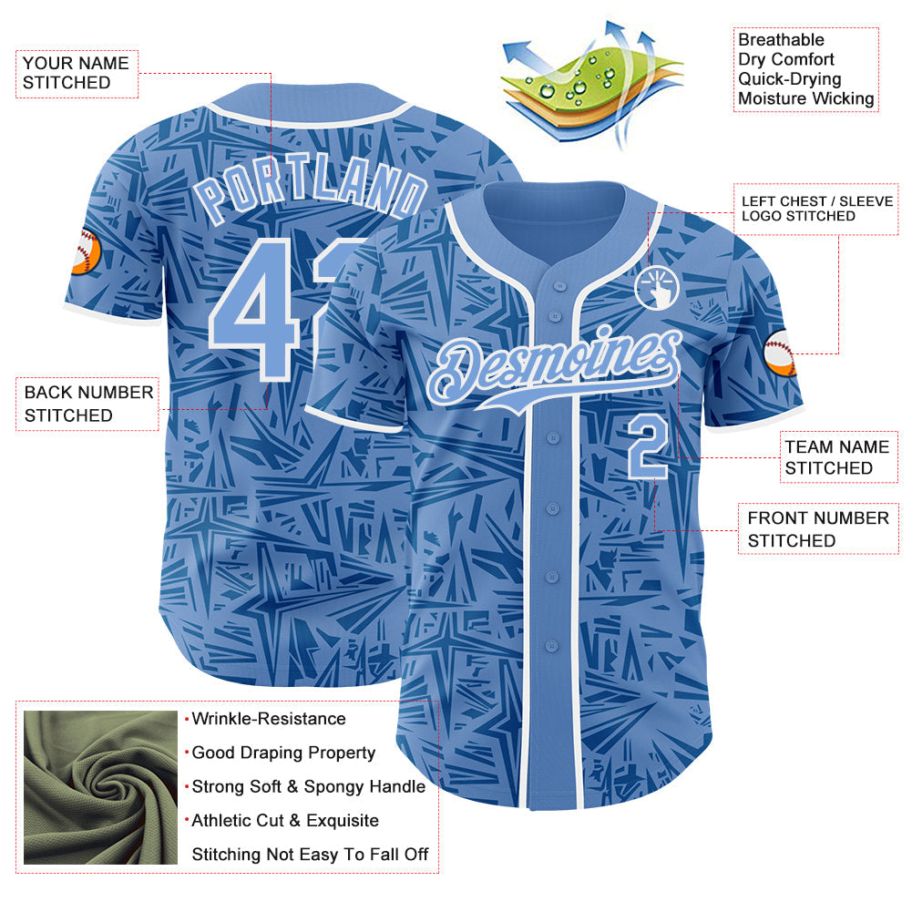 Custom Light Blue Blue-White Geometric Cyber Starburst Authentic Baseball Jersey