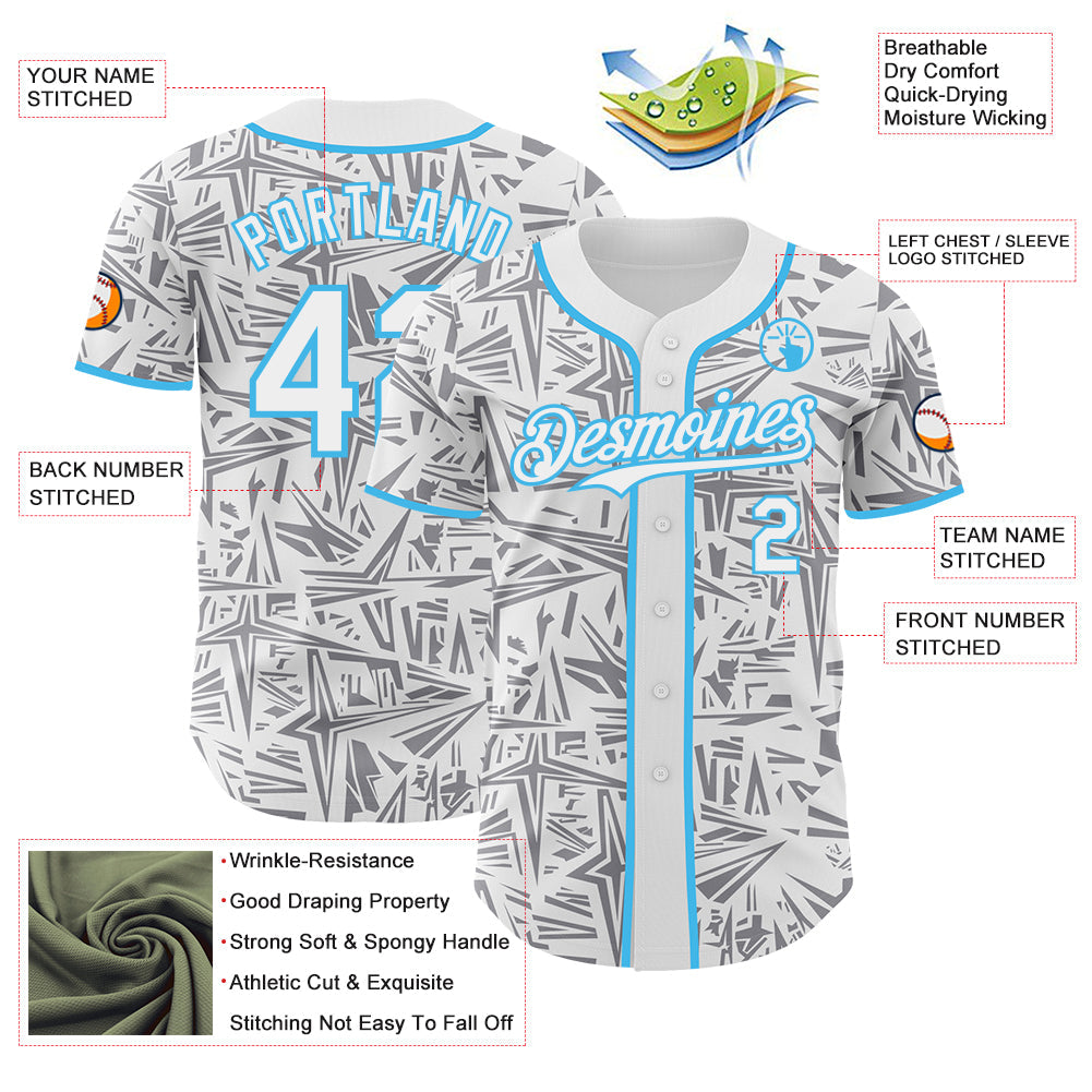 Custom White Gray-Sky Blue Geometric Cyber Starburst Authentic Baseball Jersey
