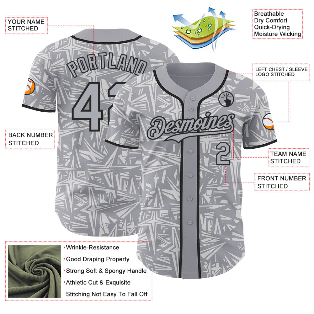 Custom Gray White-Black Geometric Cyber Starburst Authentic Baseball Jersey