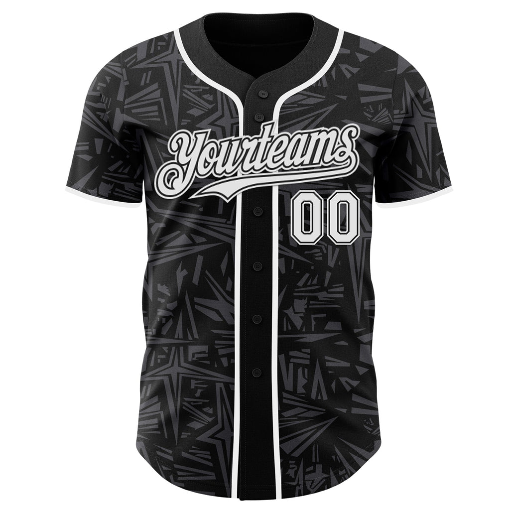 Custom Black White-Steel Gray Geometric Cyber Starburst Authentic Baseball Jersey