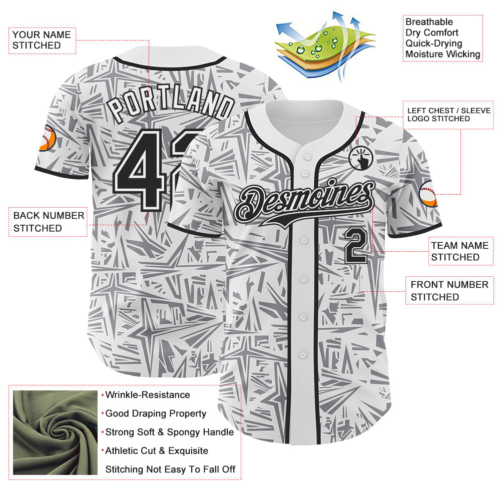 Custom White Black-Gray Geometric Cyber Starburst Authentic Baseball Jersey