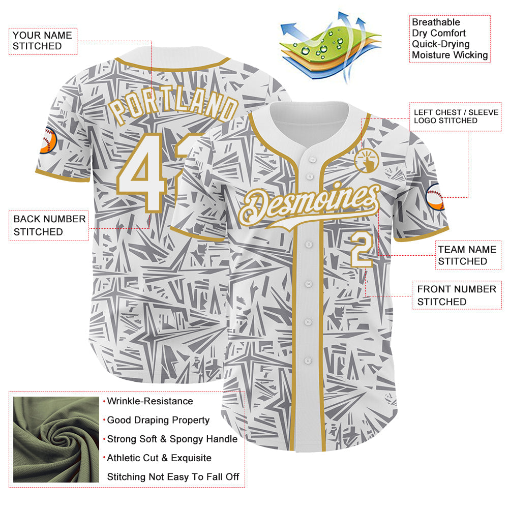 Custom White Gray-Old Gold Geometric Cyber Starburst Authentic Baseball Jersey