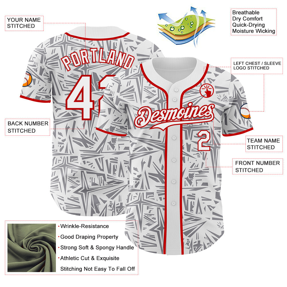 Custom White Gray-Red Geometric Cyber Starburst Authentic Baseball Jersey