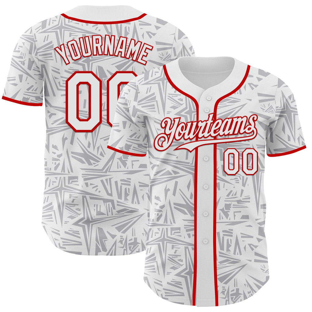 Custom White Gray-Red Geometric Cyber Starburst Authentic Baseball Jersey