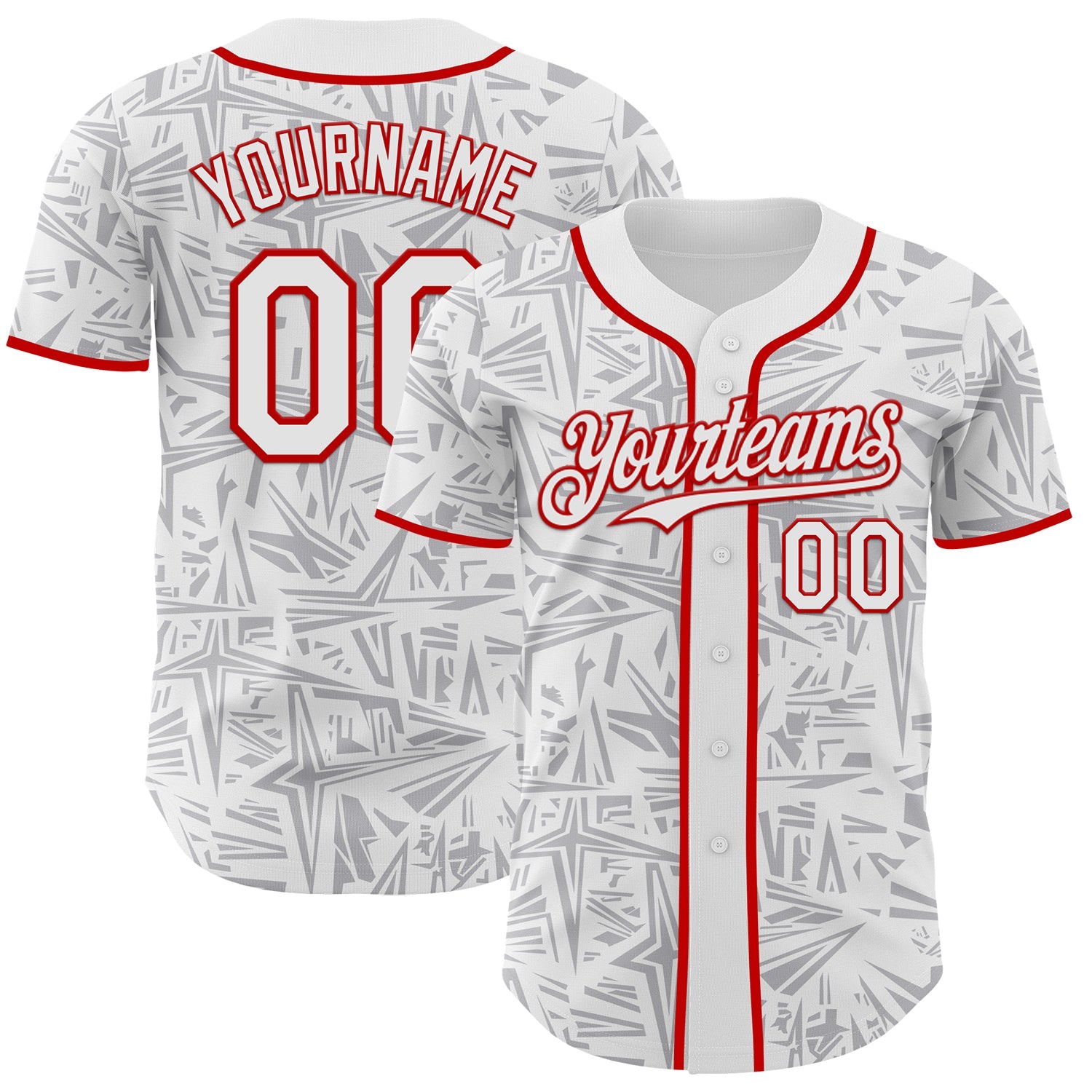 Custom White Gray-Red Geometric Cyber Starburst Authentic Baseball Jersey