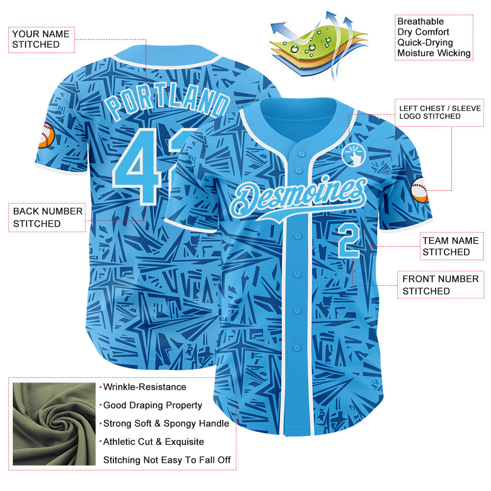 Custom Sky Blue Blue-White Geometric Cyber Starburst Authentic Baseball Jersey