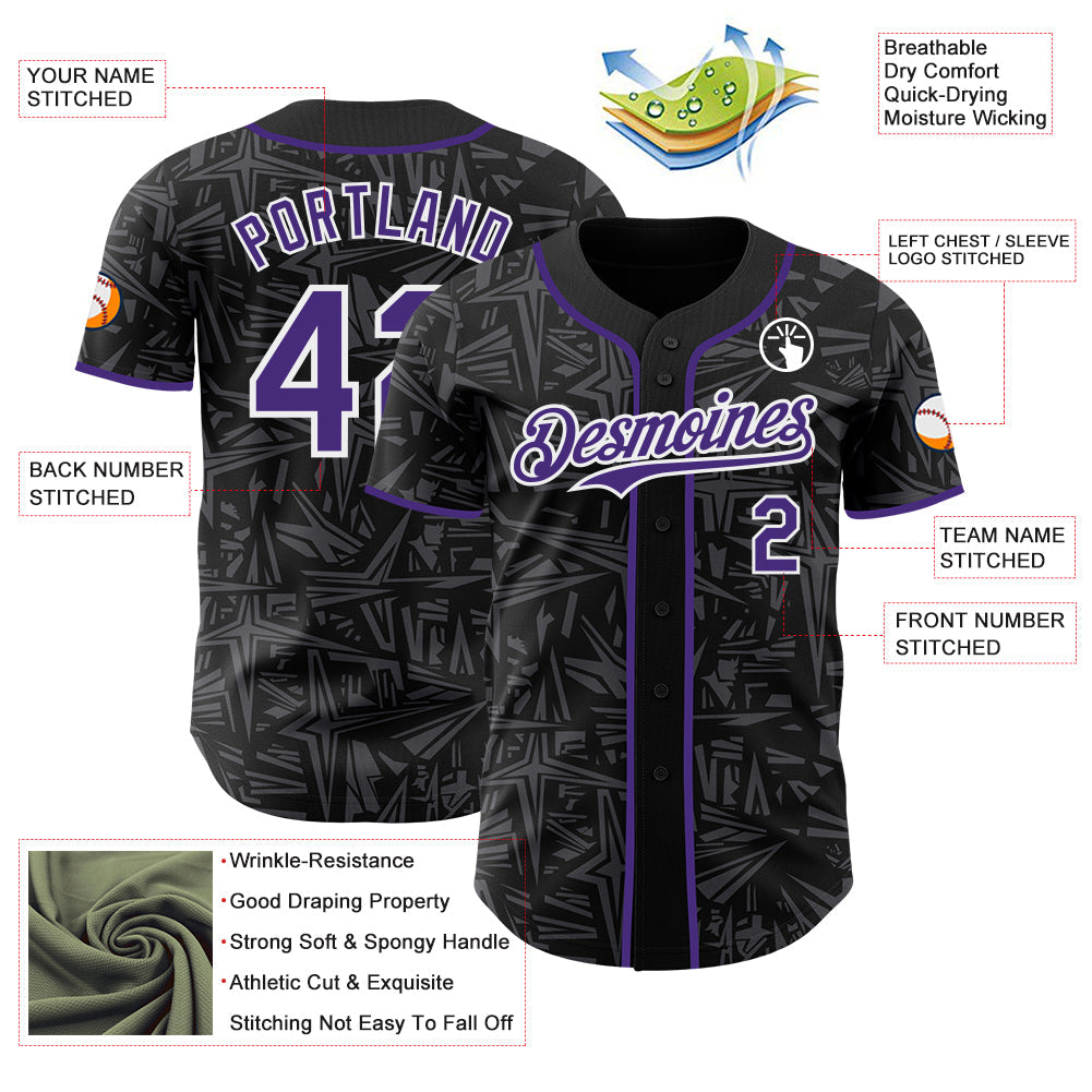 Custom Black Purple Steel Gray-White Geometric Cyber Starburst Authentic Baseball Jersey