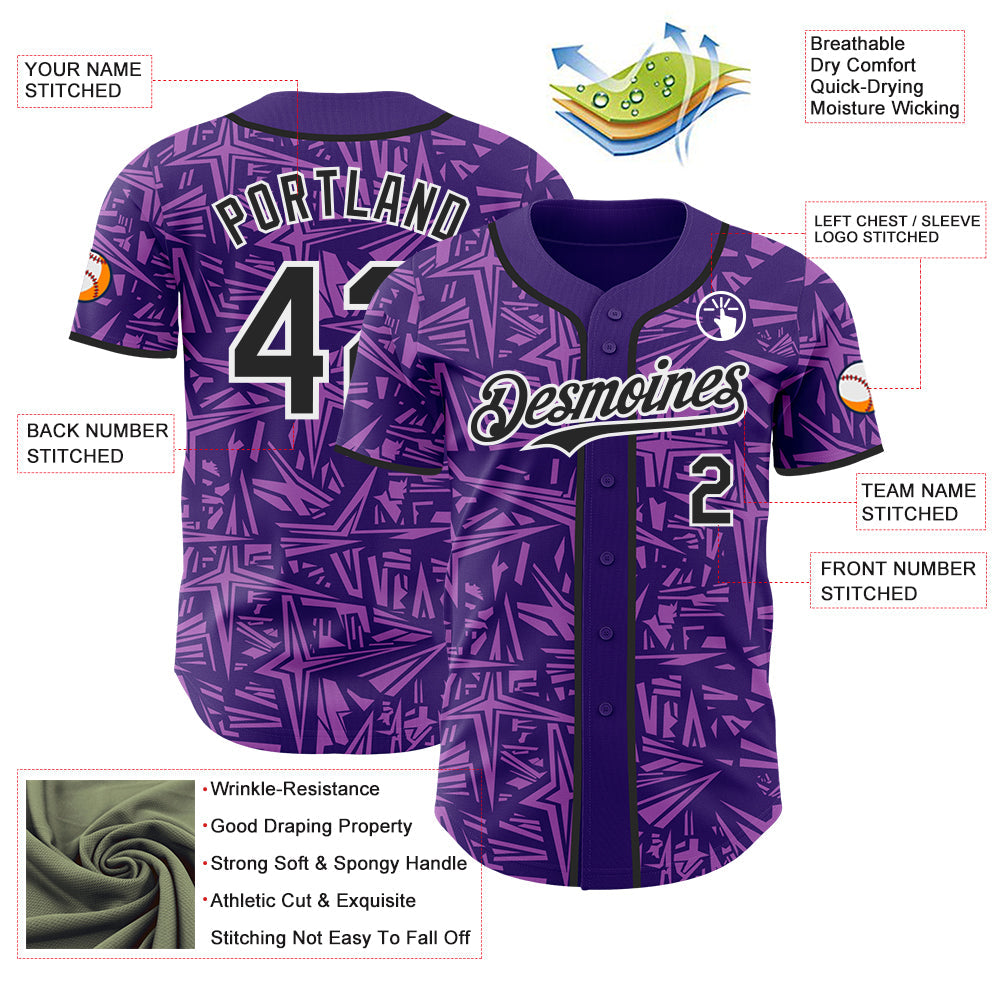 Custom Purple Black Medium Purple-White Geometric Cyber Starburst Authentic Baseball Jersey