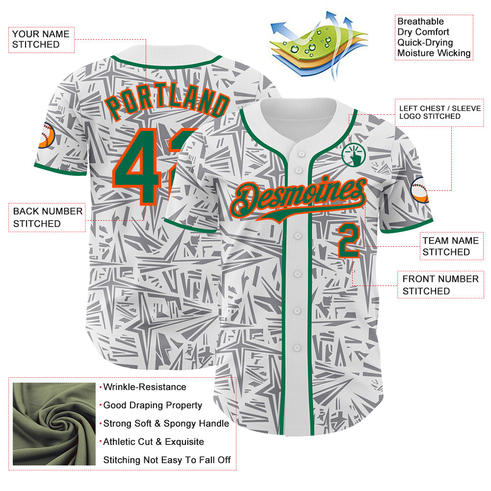 Custom White Kelly Green Gray-Orange Geometric Cyber Starburst Authentic Baseball Jersey