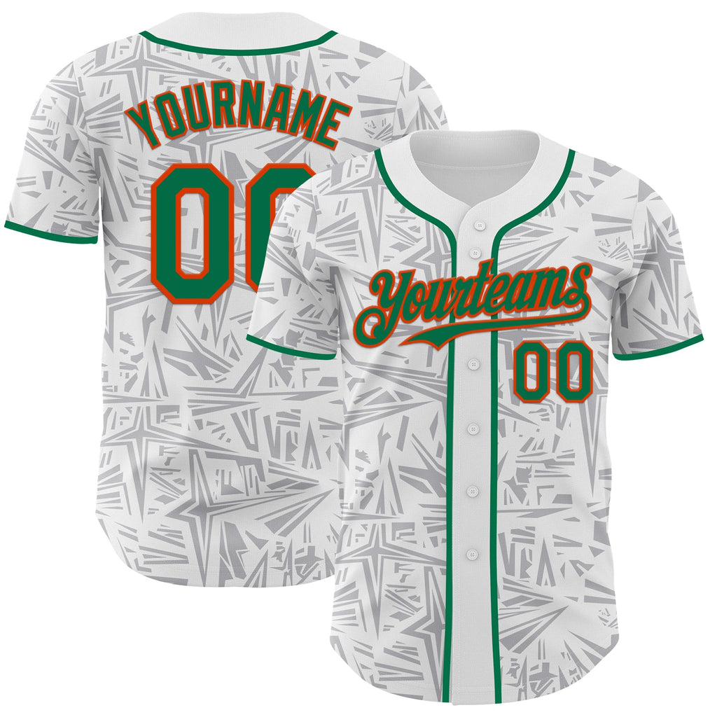 Custom White Kelly Green Gray-Orange Geometric Cyber Starburst Authentic Baseball Jersey