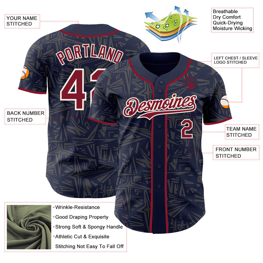 Custom Navy Crimson Steel Gray-Cream Geometric Cyber Starburst Authentic Baseball Jersey