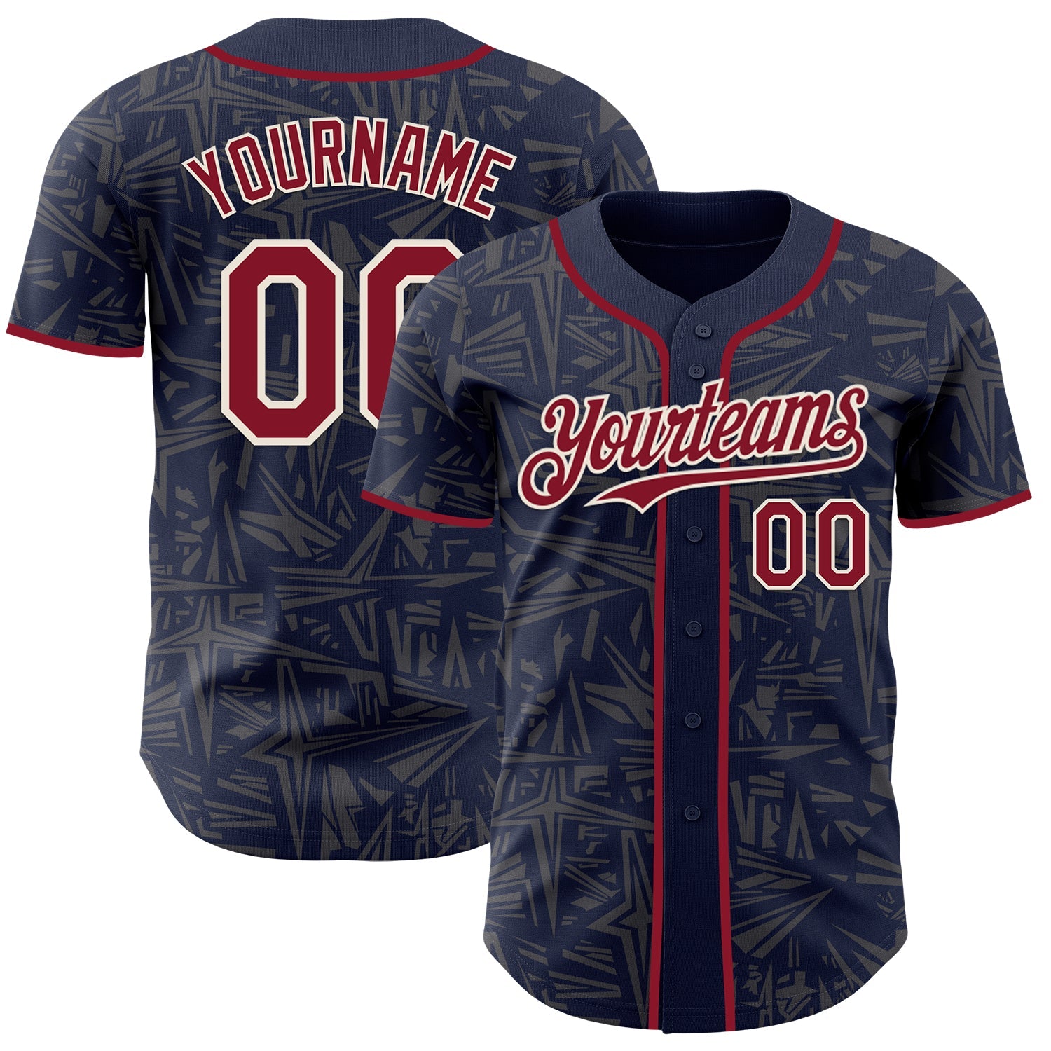 Custom Navy Crimson Steel Gray-Cream Geometric Cyber Starburst Authentic Baseball Jersey