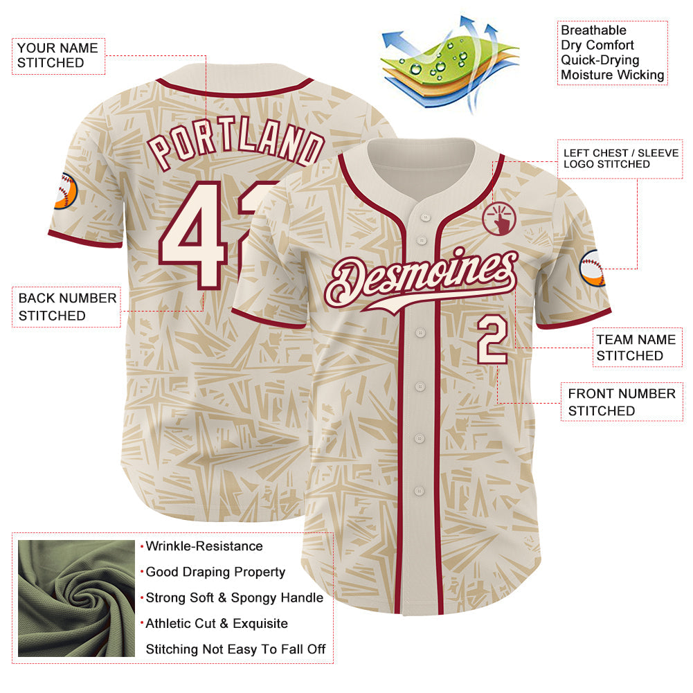 Custom Cream-Crimson Geometric Cyber Starburst Authentic Baseball Jersey