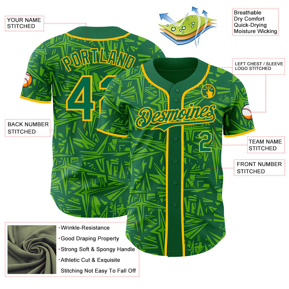Custom Kelly Green Aurora Green-Gold Geometric Cyber Starburst Authentic Baseball Jersey