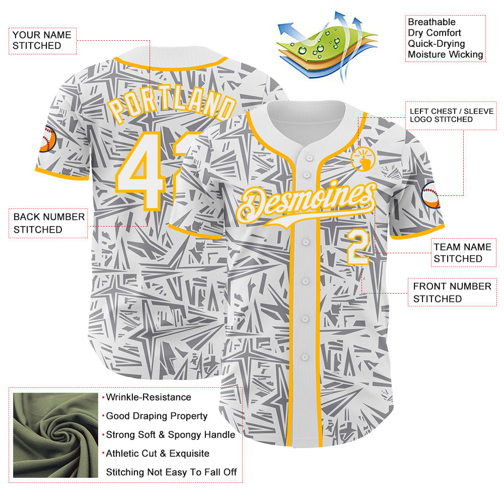 Custom White Gray-Gold Geometric Cyber Starburst Authentic Baseball Jersey