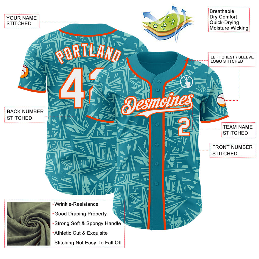 Custom Teal White Ice Blue-Orange Geometric Cyber Starburst Authentic Baseball Jersey