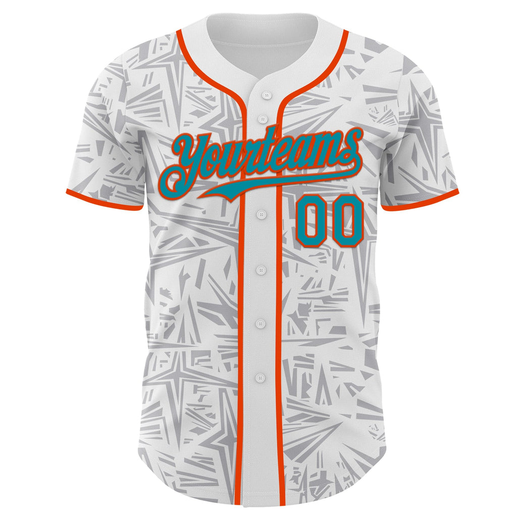 Custom White Teal Gray-Orange Geometric Cyber Starburst Authentic Baseball Jersey