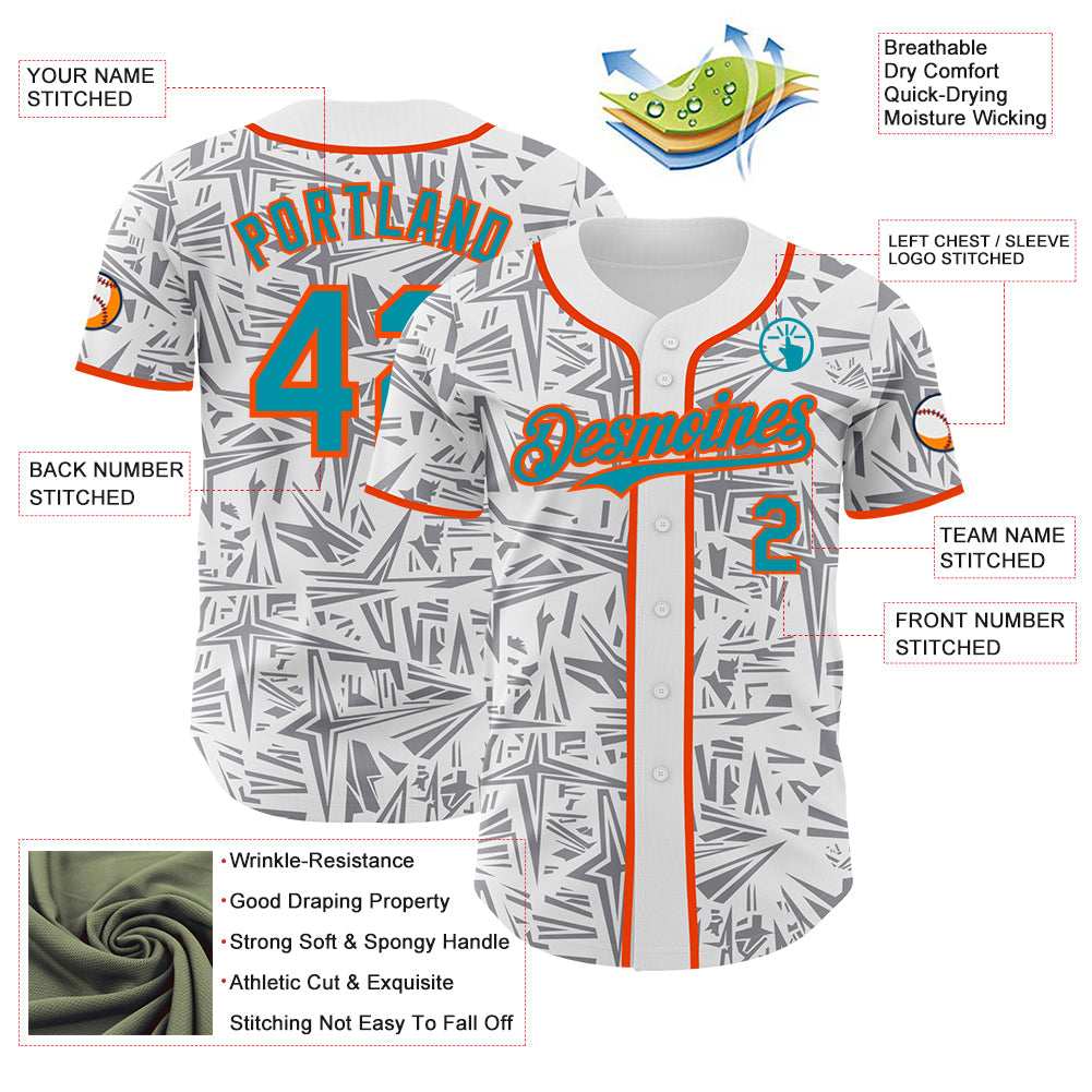 Custom White Teal Gray-Orange Geometric Cyber Starburst Authentic Baseball Jersey
