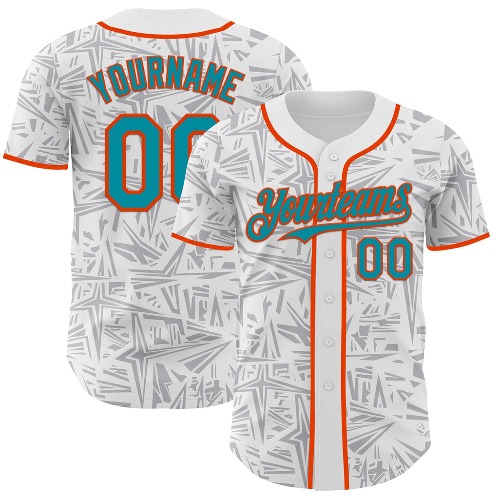 Custom White Teal Gray-Orange Geometric Cyber Starburst Authentic Baseball Jersey