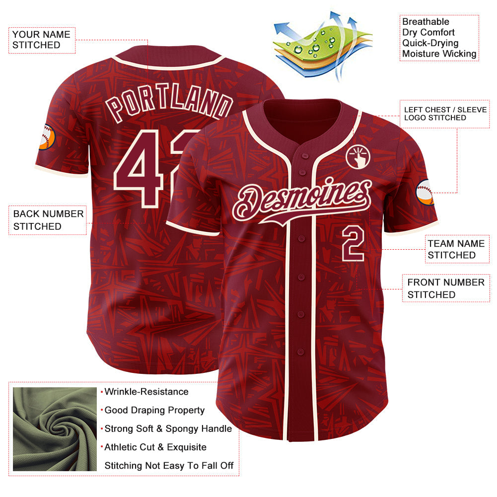 Custom Crimson-Cream Geometric Cyber Starburst Authentic Baseball Jersey