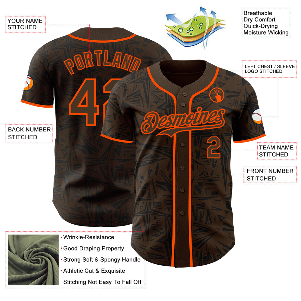 Custom Brown Black-Orange Geometric Cyber Starburst Authentic Baseball Jersey